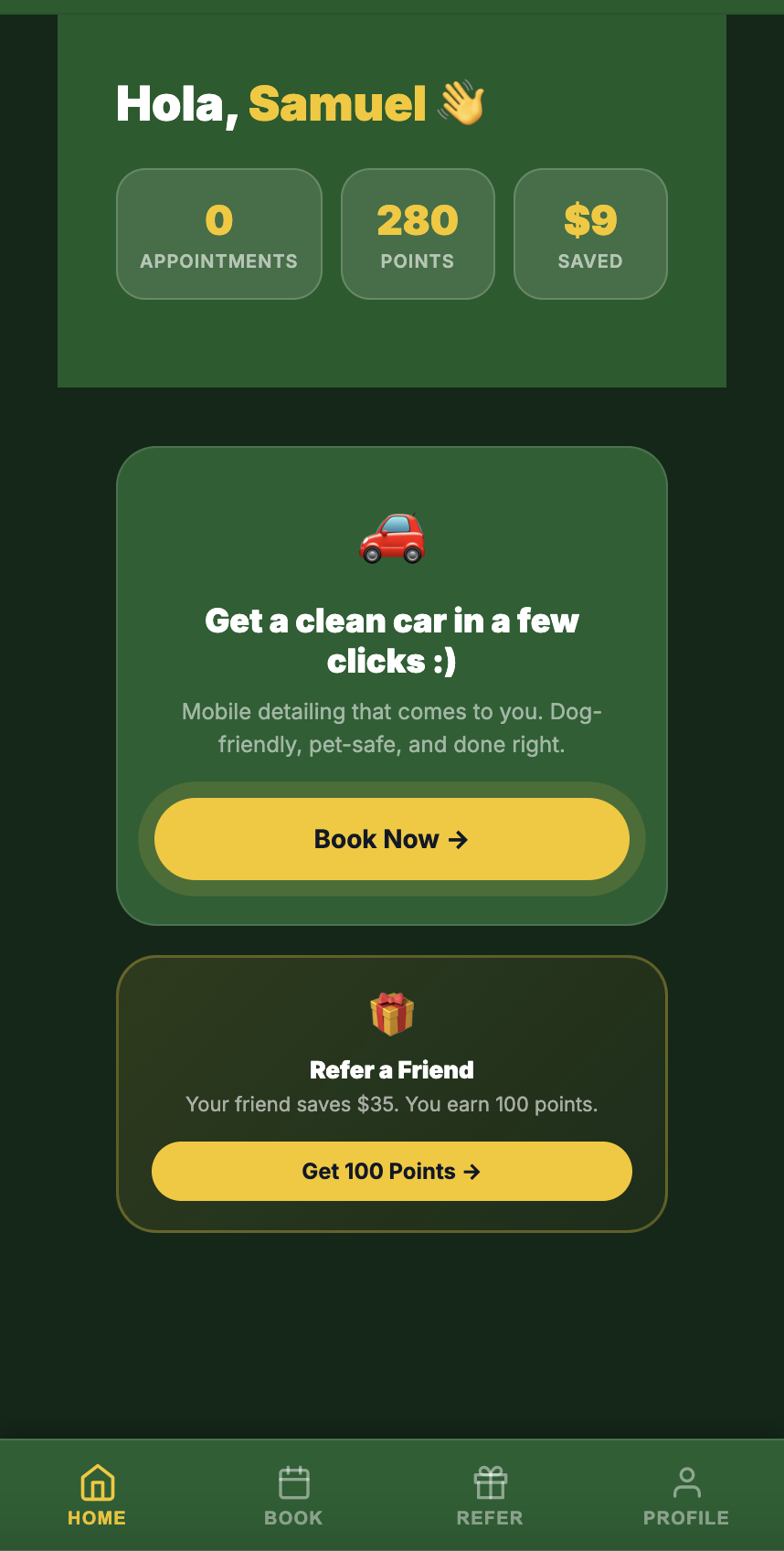 Canine Car Care app home screen
